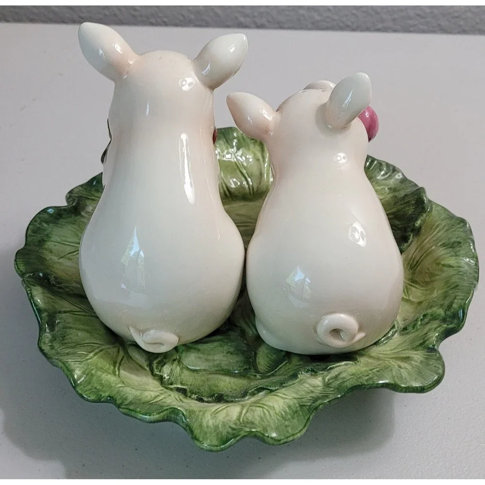Fitz and Floyd French Market Pig Salt Pepper Shakers Cabbage Tray Set Ceramic